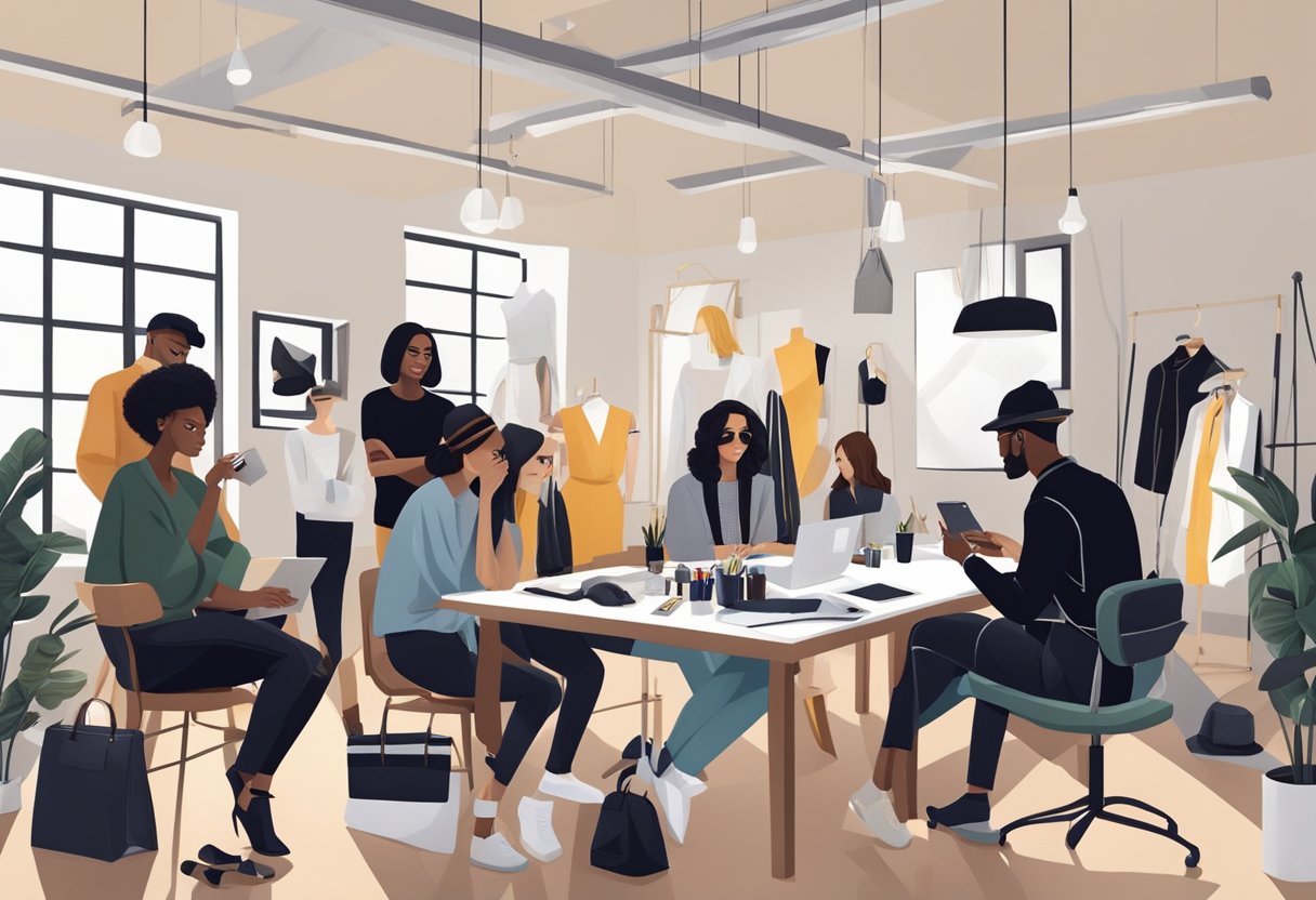 A group of fashion designers and photographers brainstorming and sharing ideas in a modern studio filled with sleek, black clothing and accessories