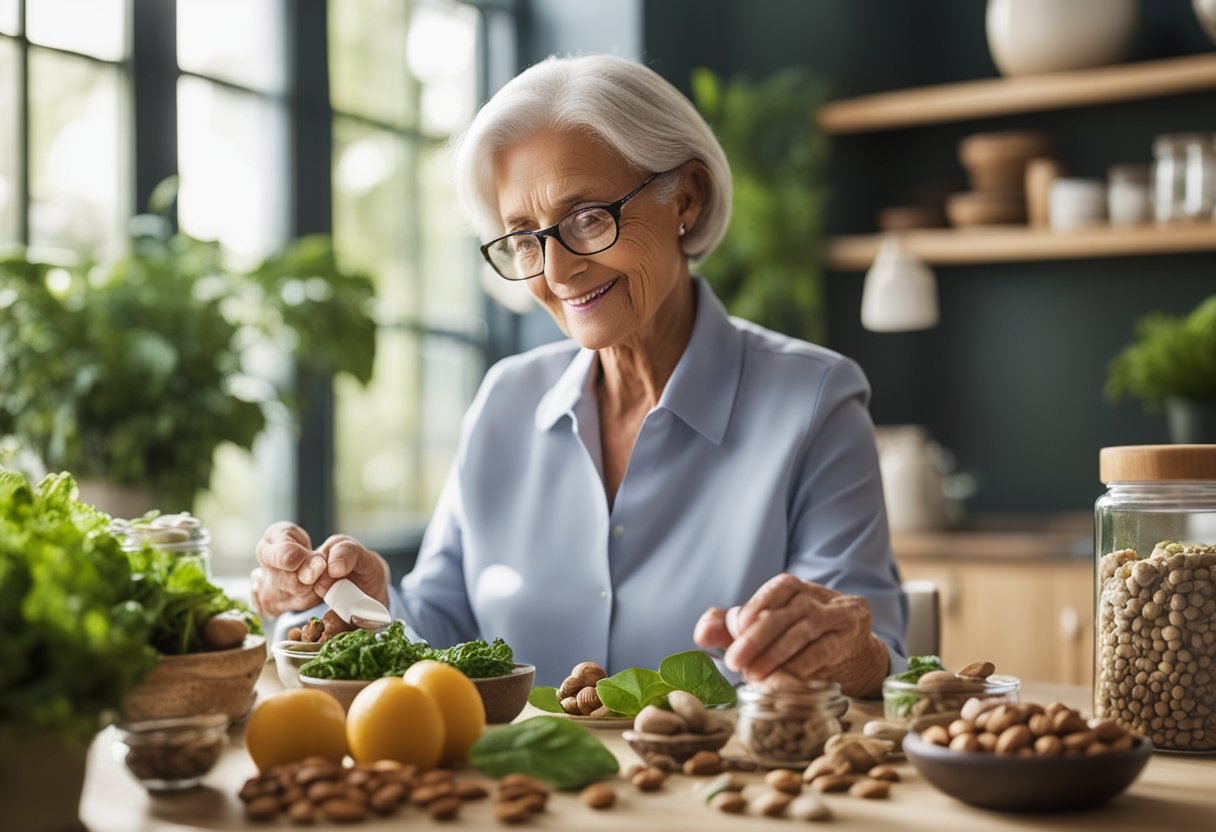 A woman over 60 taking a daily dose of magnesium supplements, surrounded by various sources of the mineral, such as leafy greens, nuts, and seeds