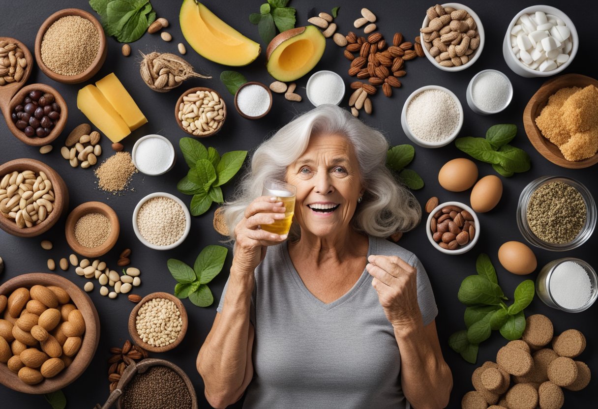 A woman over 60 taking a daily dose of magnesium supplements, surrounded by various sources of magnesium-rich foods and a glass of water