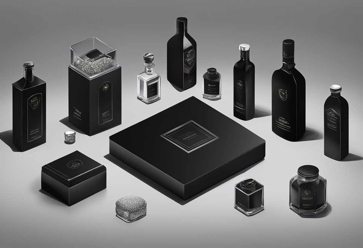 A sleek black box sits on a matte black surface, surrounded by glossy black bottles and jars. Silver accents catch the light