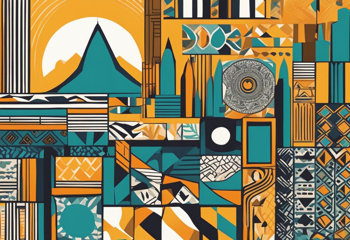 A group of vibrant, abstract shapes and patterns inspired by African art and culture, set against a backdrop of historical landmarks and symbols