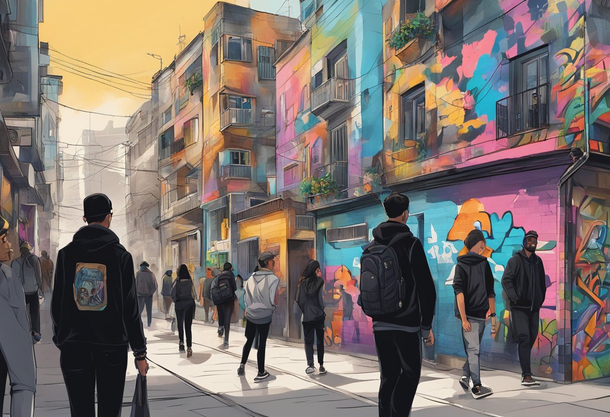 A city street with graffiti-covered walls, a mix of modern and traditional architecture, and people wearing black clothing with cultural symbols