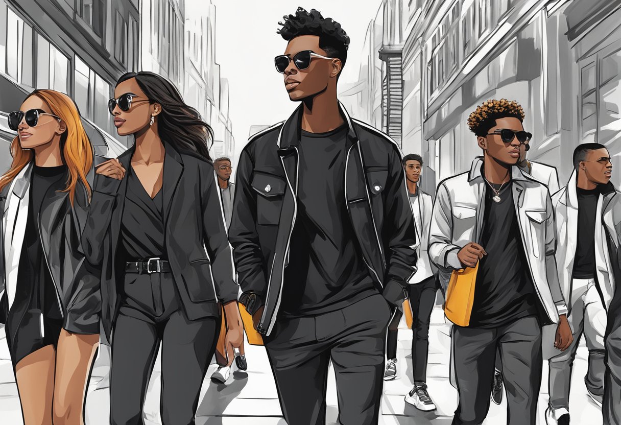 A group of people wearing black street fashion walk confidently through a bustling city, turning heads with their bold and influential style