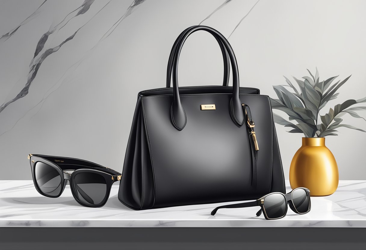 A sleek black leather handbag sits on a white marble table, next to a pair of black sunglasses and a black silk scarf