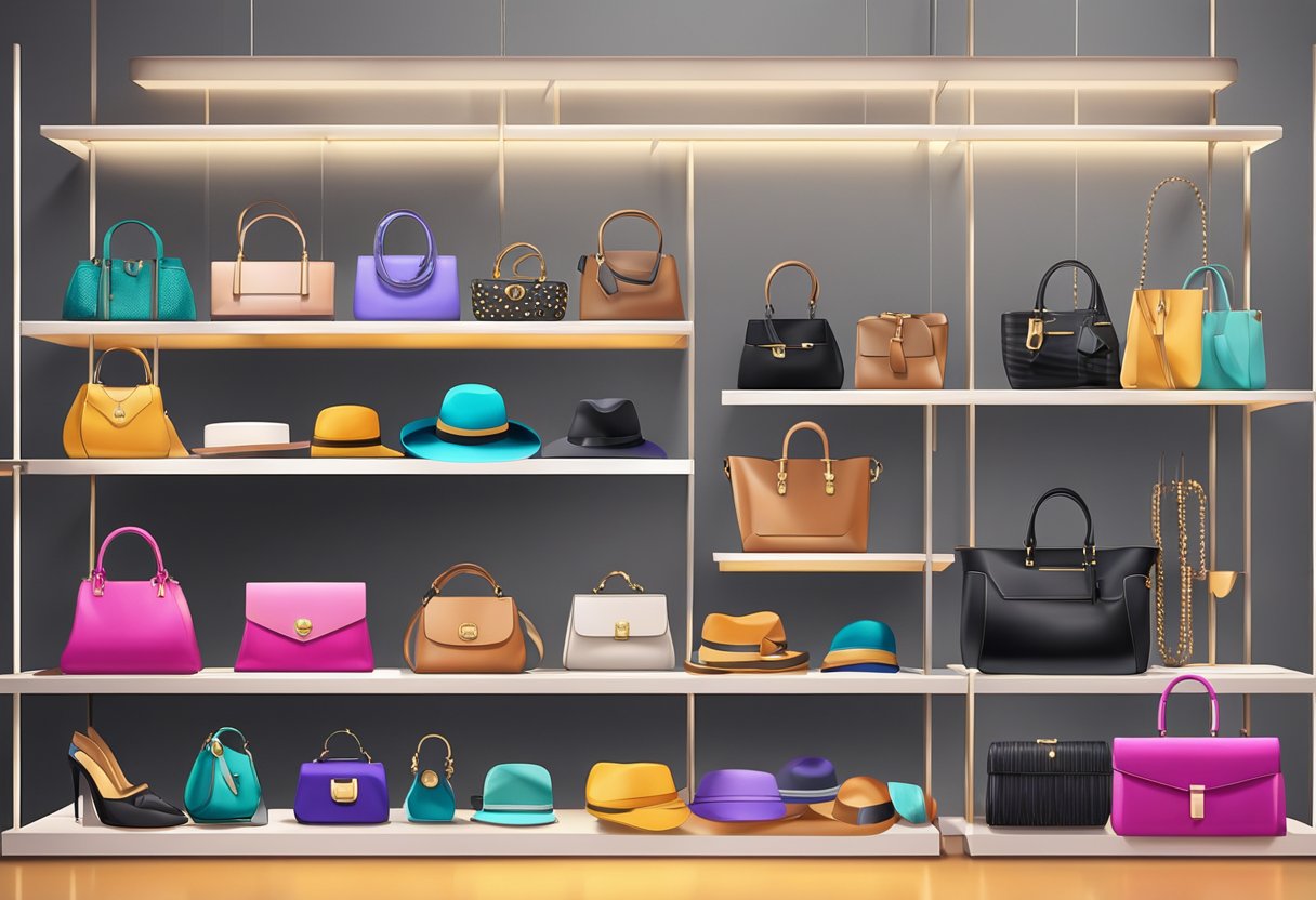 A display of stylish Black-owned fashion accessories, including jewelry, handbags, and hats, showcased on sleek, modern shelves with vibrant lighting