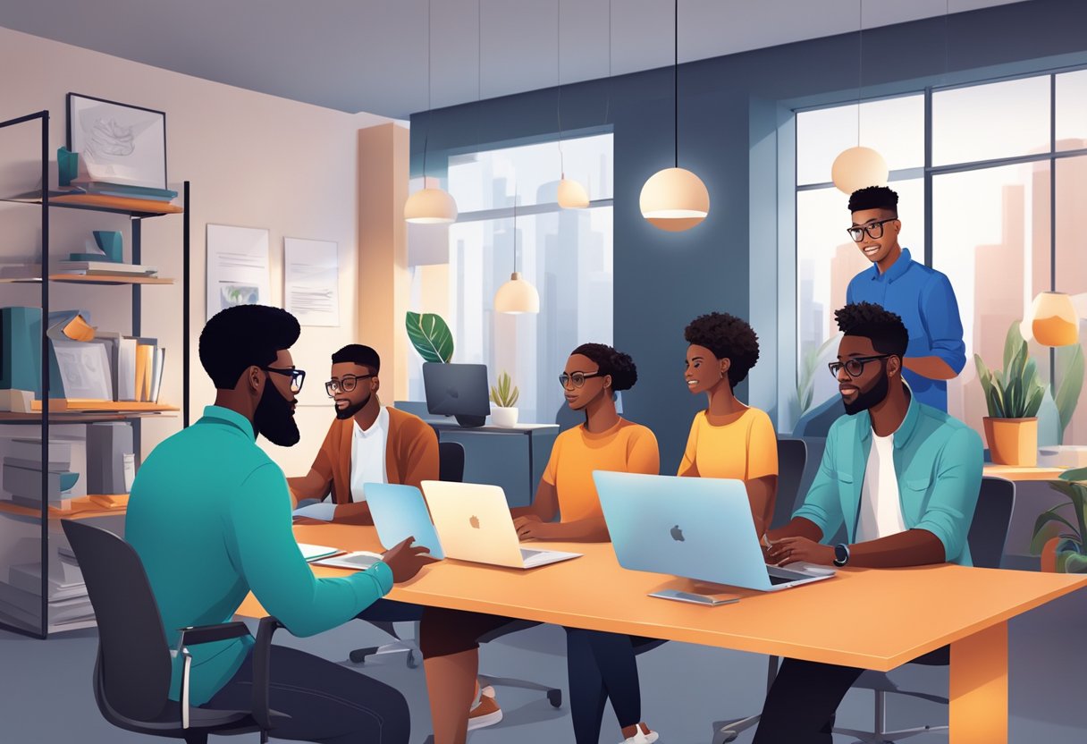 A group of Black designers discussing career paths and educational opportunities in a modern tech product design studio