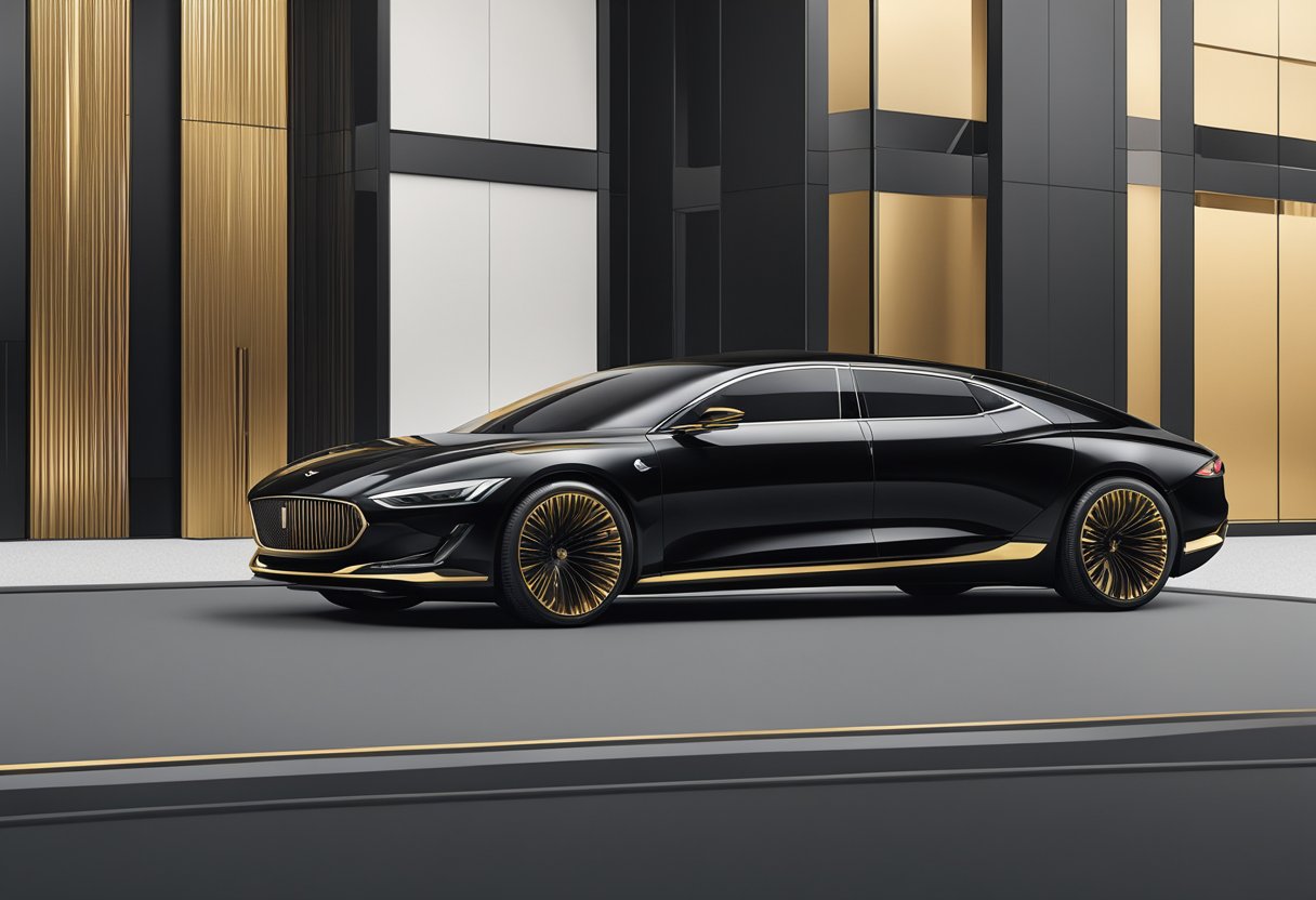 A sleek black luxury car parked in front of a modern, minimalist building with clean lines and sharp angles. The car is surrounded by opulent black and gold accents