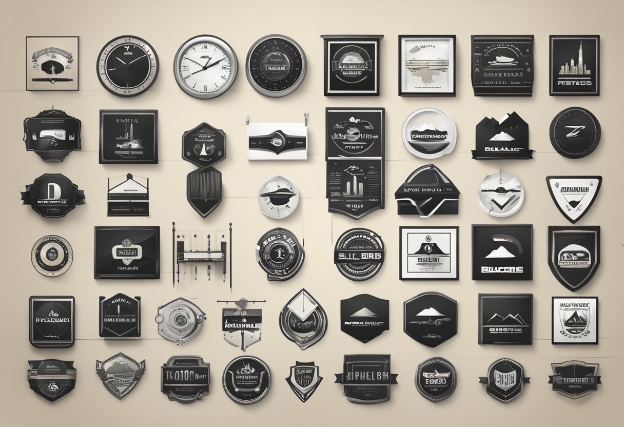 A timeline of black logo designs, from vintage to modern, displayed on a wall