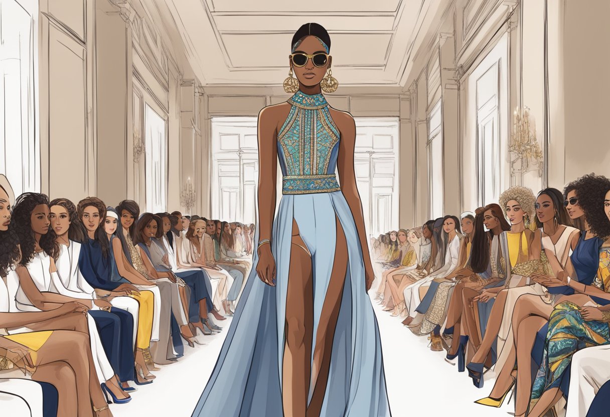 A runway show featuring diverse models wearing luxurious and culturally-inspired designs for a high-end fashion brand