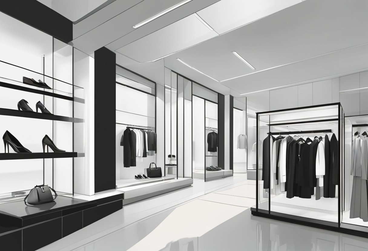 A sleek, minimalist storefront featuring bold, monochromatic displays of high-end fashion items. The atmosphere exudes sophistication and exclusivity, with clean lines and modern accents