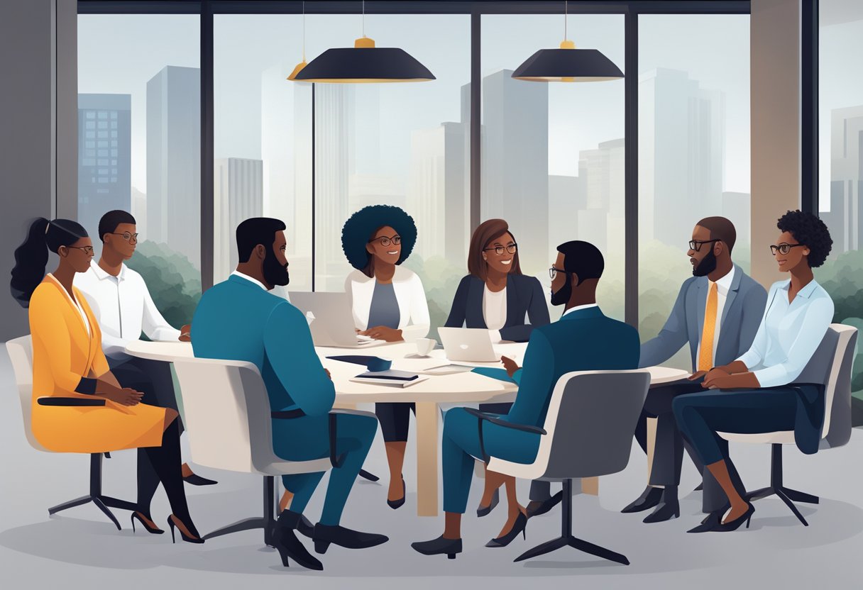 A group of Black individuals engaging in business meetings, networking, and participating in economic empowerment programs