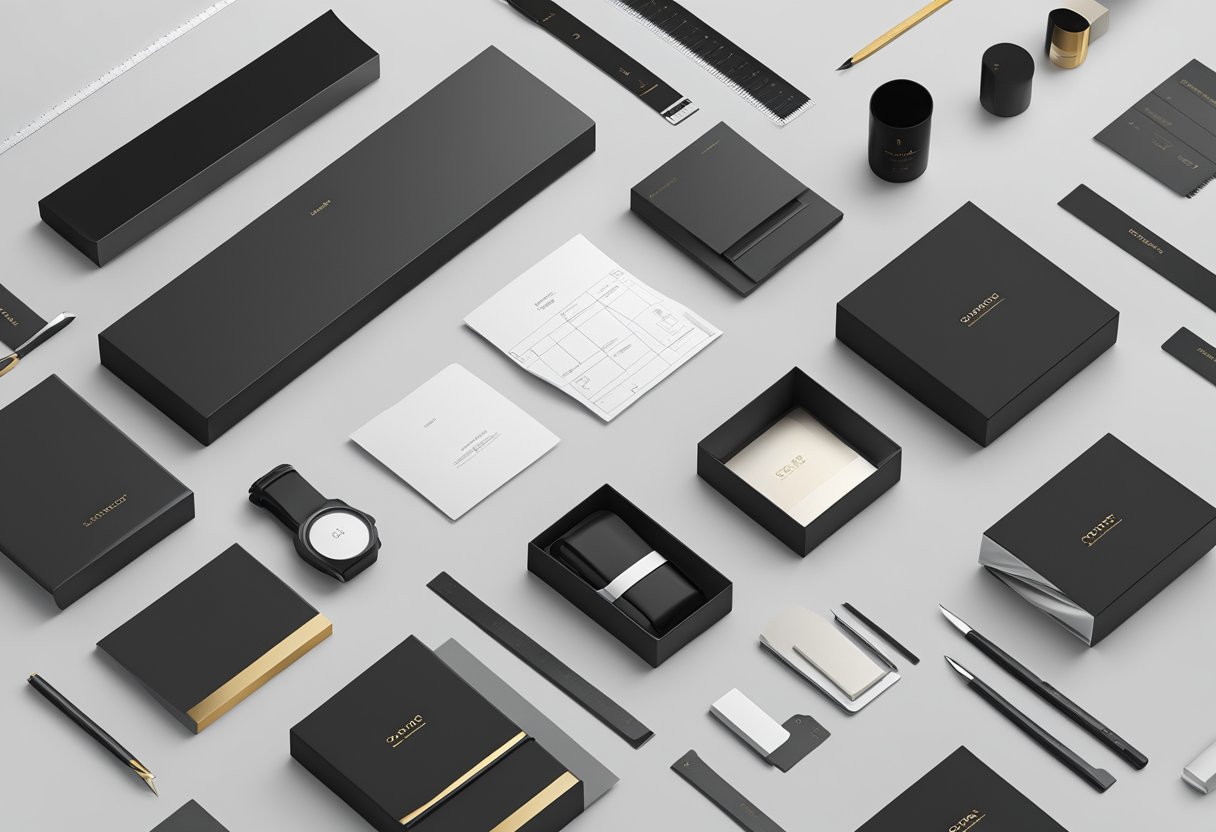 A sleek black packaging design with metallic accents and minimalist typography, surrounded by design tools and resources such as color swatches, rulers, and digital software