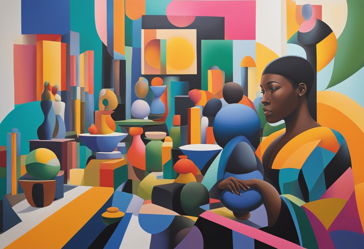 Vibrant abstract paintings and sculptures by Black artists fill a modern art gallery, showcasing their influence on the visual arts landscape