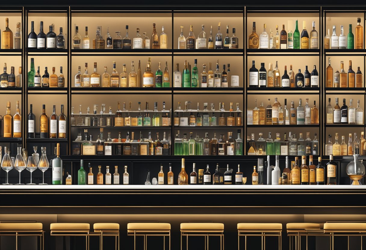 A sleek and modern bar setting with shelves lined with bottles of premium spirits, prominently featuring black-owned brands. The atmosphere exudes sophistication and exclusivity