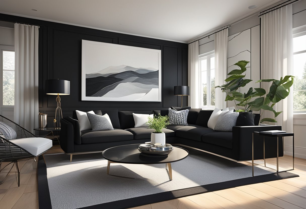 A sleek black sofa sits in a sunlit living room, surrounded by black accent pillows and a black coffee table. A black accent wall contrasts with white trim and modern artwork