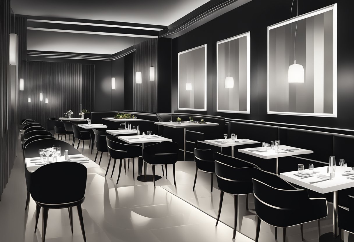 A sleek, modern restaurant with black and metallic accents. Dim lighting creates an intimate, sophisticated atmosphere. Tables are adorned with minimalist, monochromatic decor