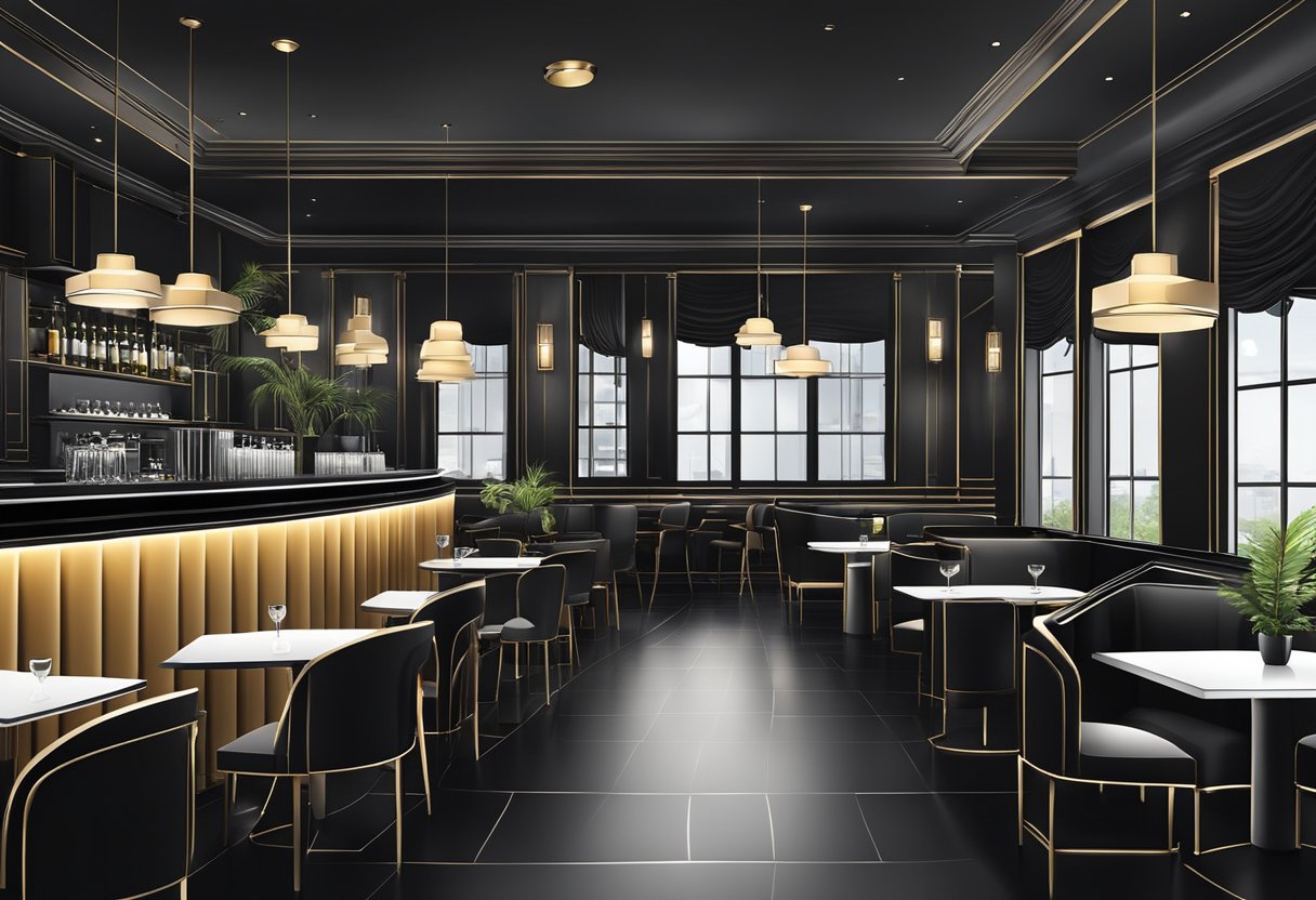 An elegant, black-themed restaurant with modern decor and a well-organized layout, featuring stylish furniture and ambient lighting