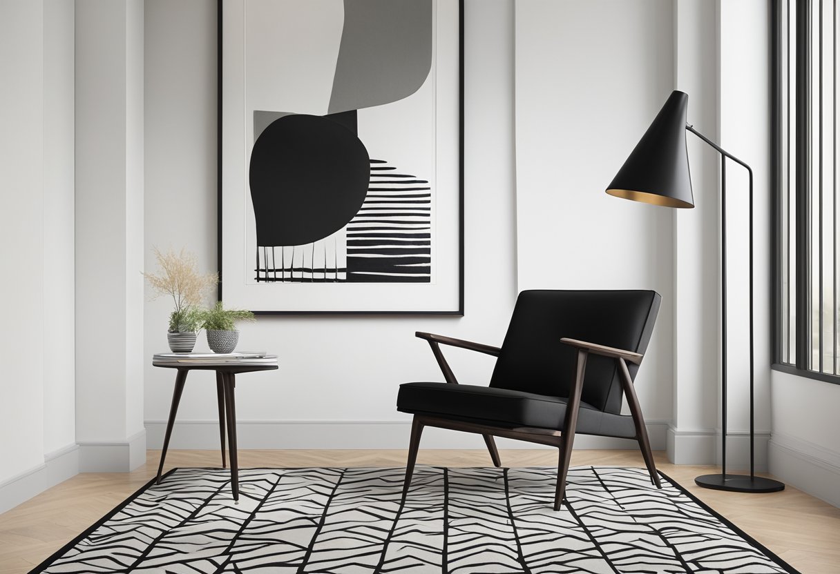 A sleek black accent chair sits against a white wall, with a geometric black and white rug beneath it. A black metal floor lamp and a black-framed abstract art piece complete the modern decor