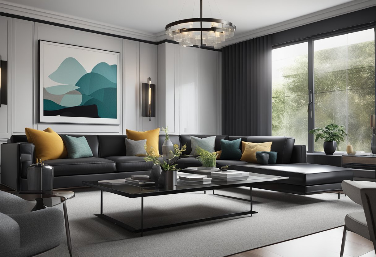 A sleek, modern living room with black high-end furniture, including a leather sofa, glass coffee table, and minimalist decor