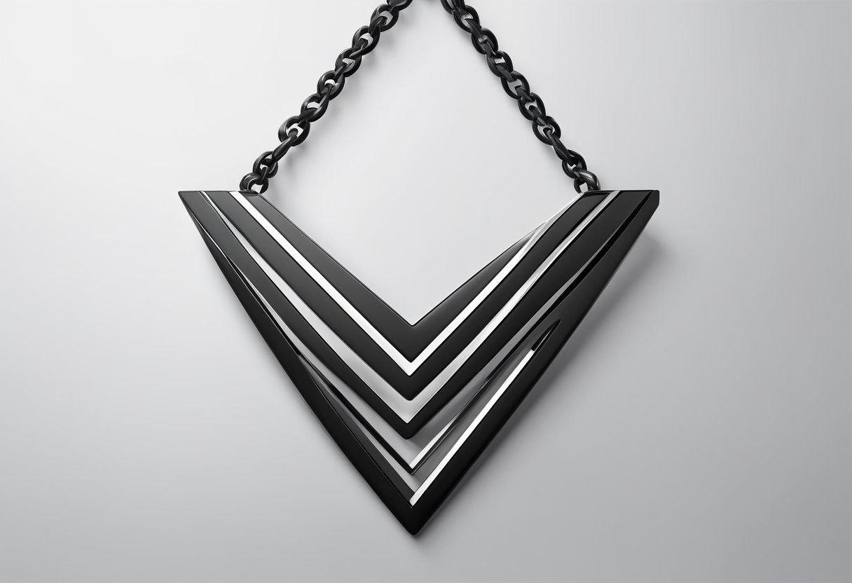 A sleek, geometric black necklace hangs against a stark white backdrop, catching the light with its modern, minimalist design