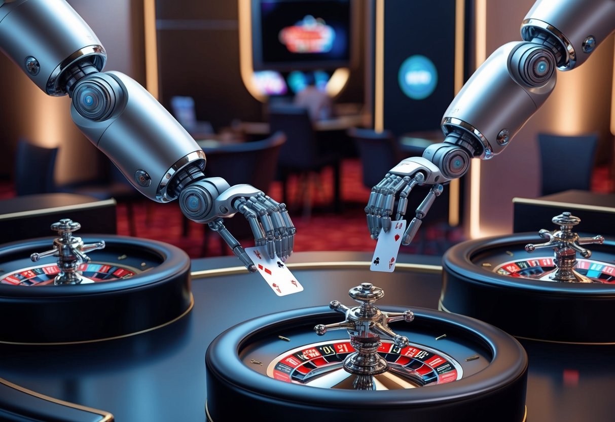 Robotic arms distributing cards and spinning roulette wheels in an elegant and futuristic live casino setting. AI monitors the game with precision.