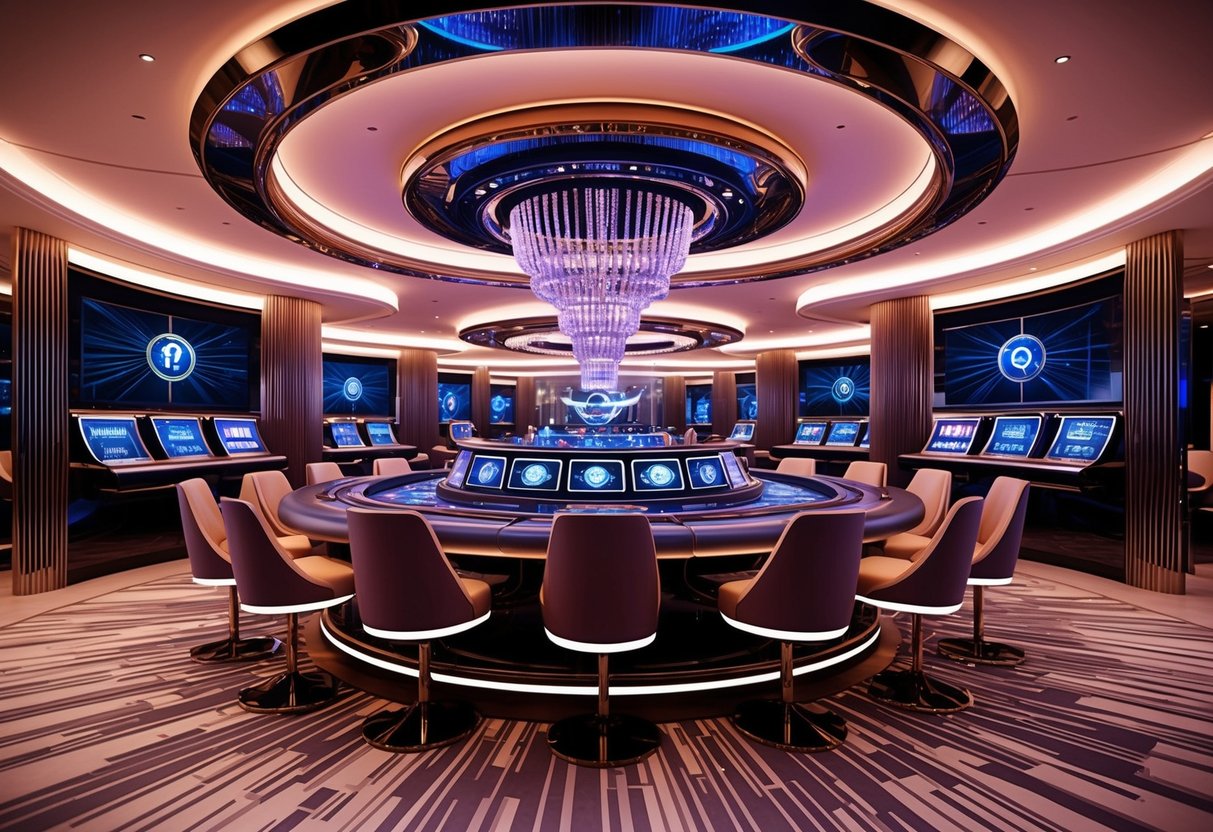 A futuristic casino with AI dealers, sleek technology, and a sophisticated atmosphere