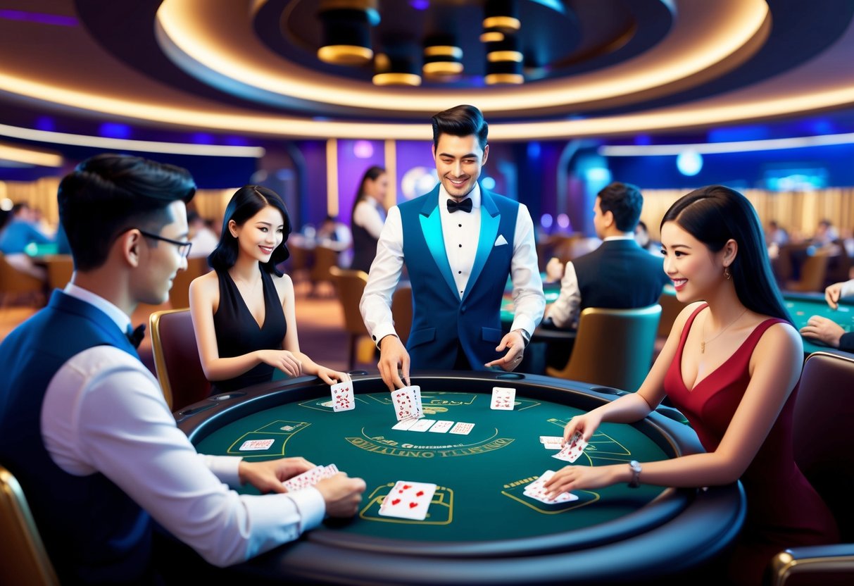 A futuristic casino with AI dealers dealing cards to players at a live blackjack table. Players are engaged in social interactions while enjoying their gaming experience.