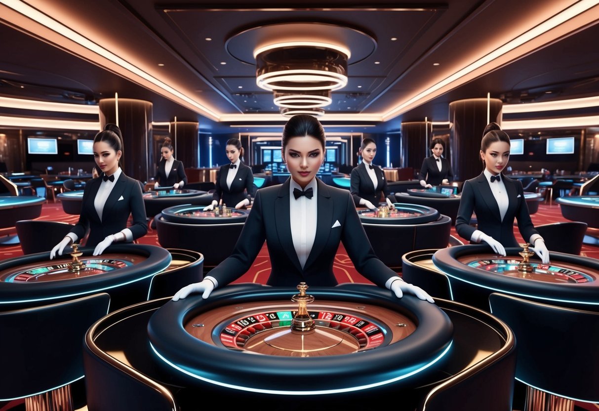 An elegant and futuristic casino sun with AI dealers managing the tables flawlessly, exuding efficiency and precision with every movement.