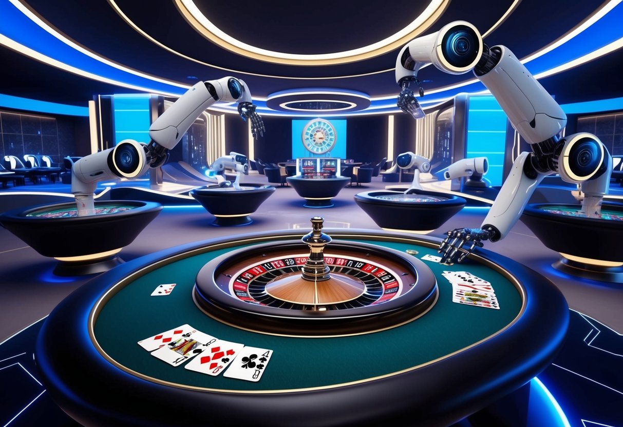 A futuristic casino frame with AI-powered robotic arms dealing cards and spinning roulette wheels. The futuristic technology and sleek design create a high-tech atmosphere.