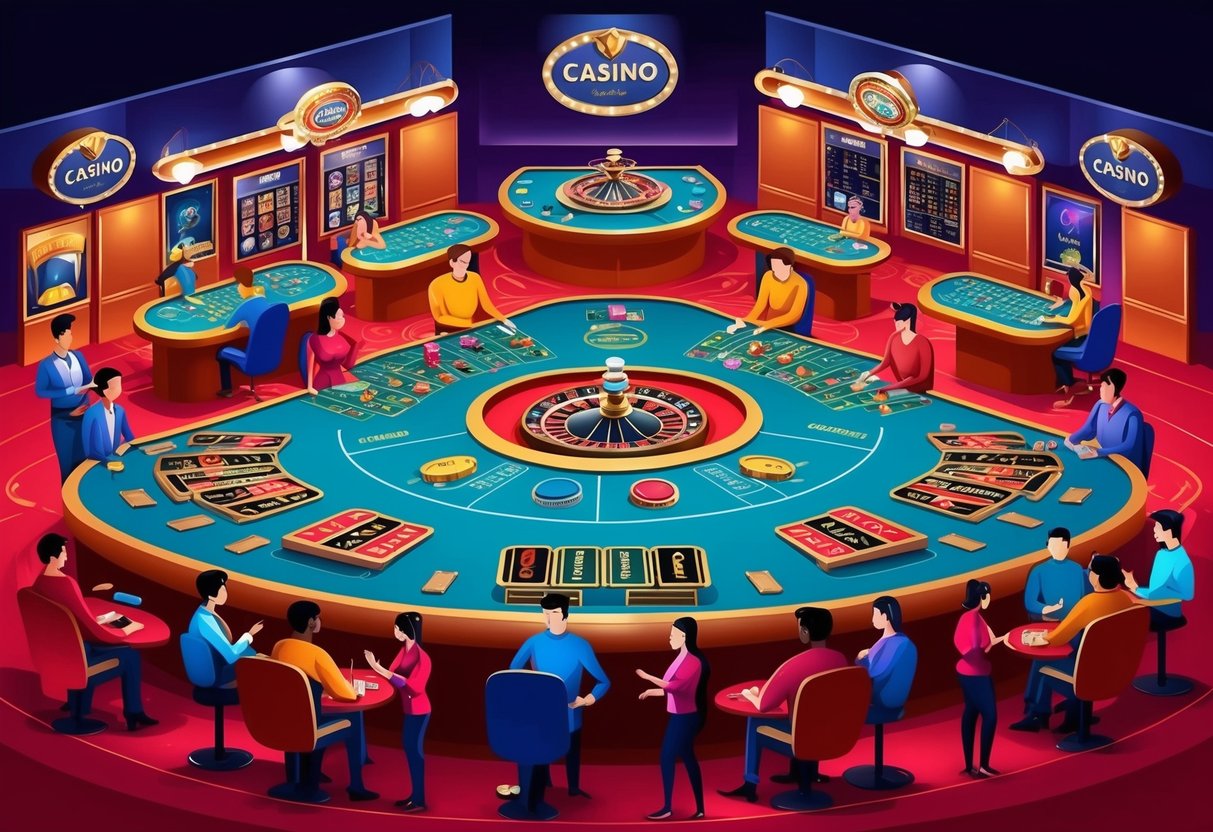 Un cadre de casino coloré avec divers jeux et activités, entouré de personnes engagées dans des défis cognitifs et des prises de décision stratégiques.