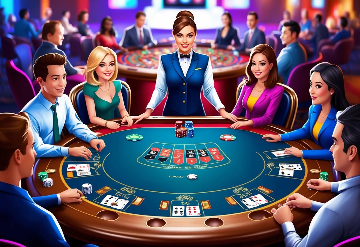 Une table de casino colorée avec des cartes, des jetons et des dés, entourée de joueurs concentrés et d'un croupier. L'atmosphère est animée et remplie d'anticipation.