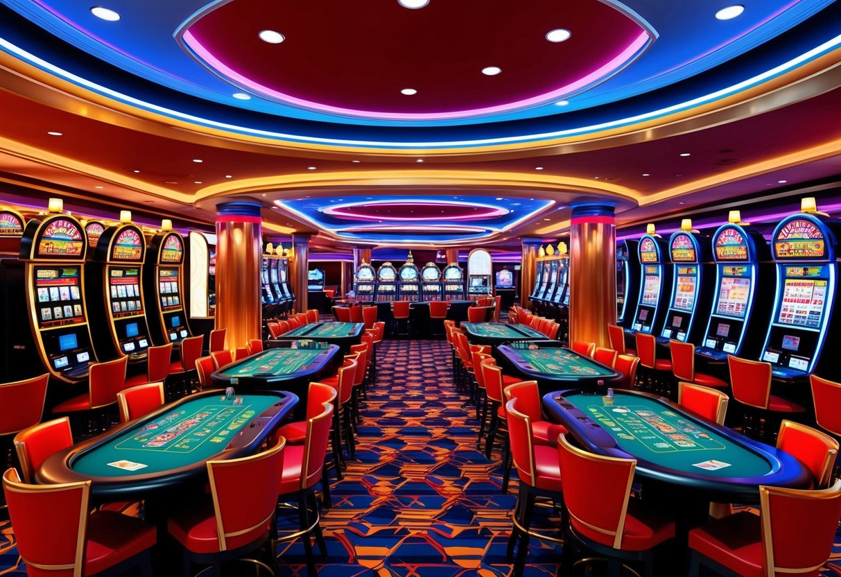 Un sol de casino coloré avec des machines à sous et des tables de cartes, entouré de lumières clignotantes et d'une atmosphère animée.