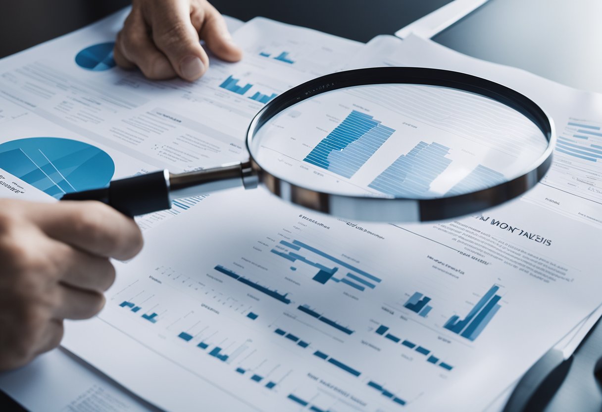 A real estate agent examining a SWOT analysis chart with a magnifying glass