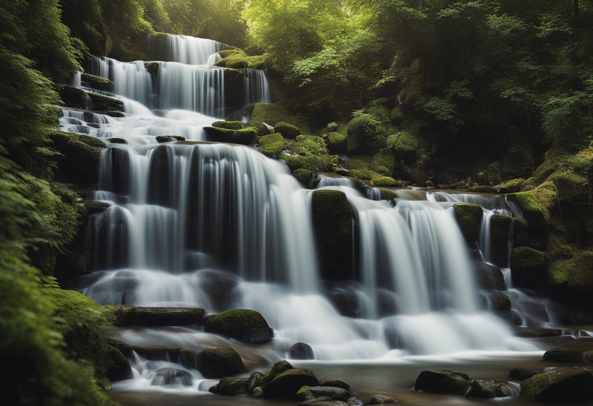 A flowing waterfall with real estate symbols cascading down in a continuous loop