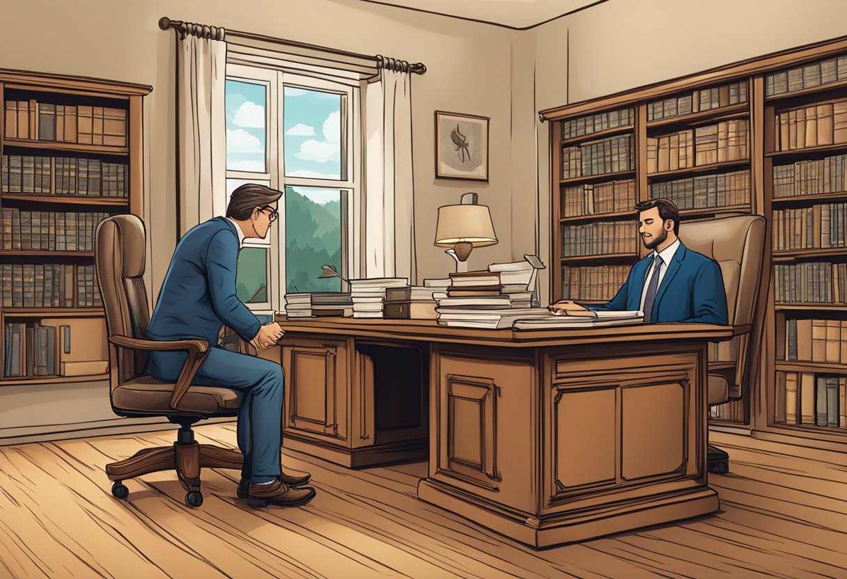 A financial advisor and estate tax attorney discussing financial and estate planning in a cozy office with a large oak desk and shelves of legal books