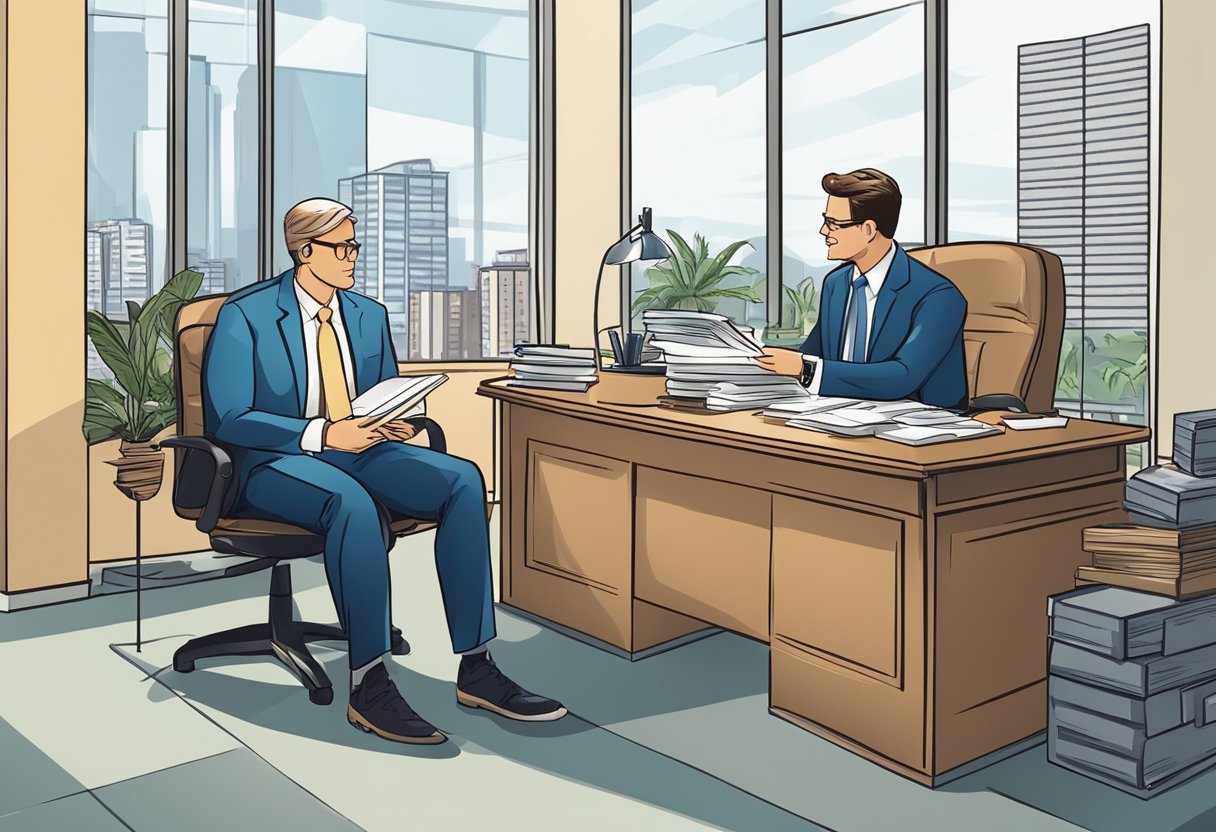 A financial advisor and estate tax attorney discussing frequently asked questions in a professional office setting