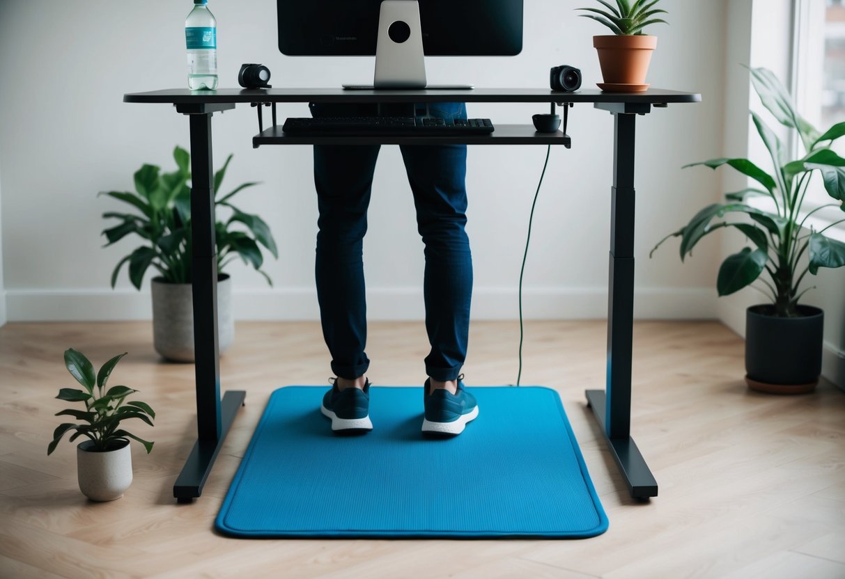 A walking pad sits beneath a standing desk with a person typing on a computer, surrounded by a water bottle and a potted plant