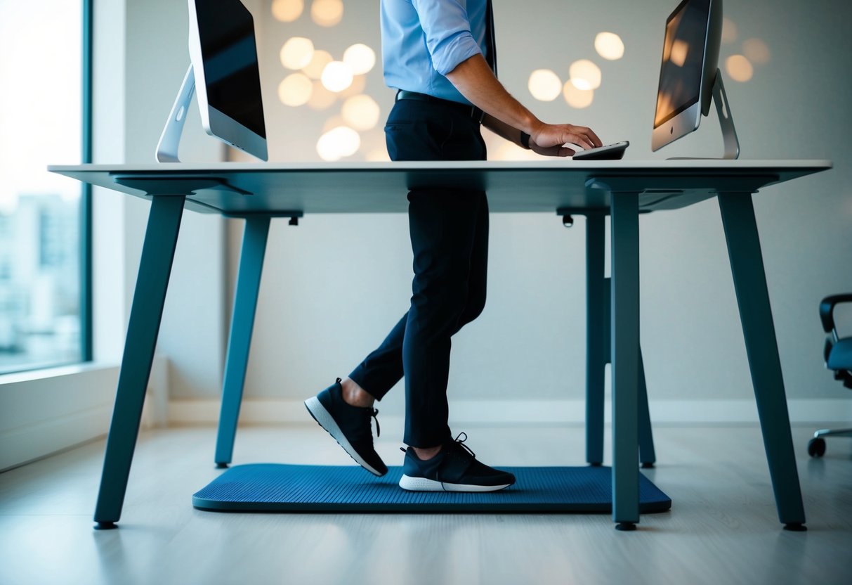 A walking pad sits under a standing desk in a modern office, with a person typing on a computer while walking on the pad