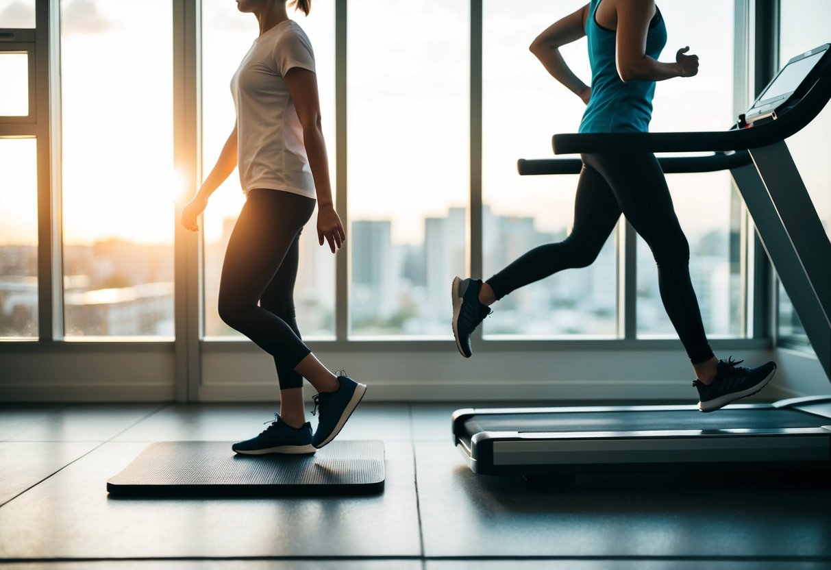 A walking pad and treadmill side by side, with a person walking on the pad and another running on the treadmill