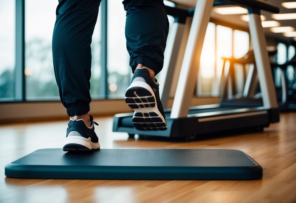 A person walking on a walking pad, with a treadmill in the background