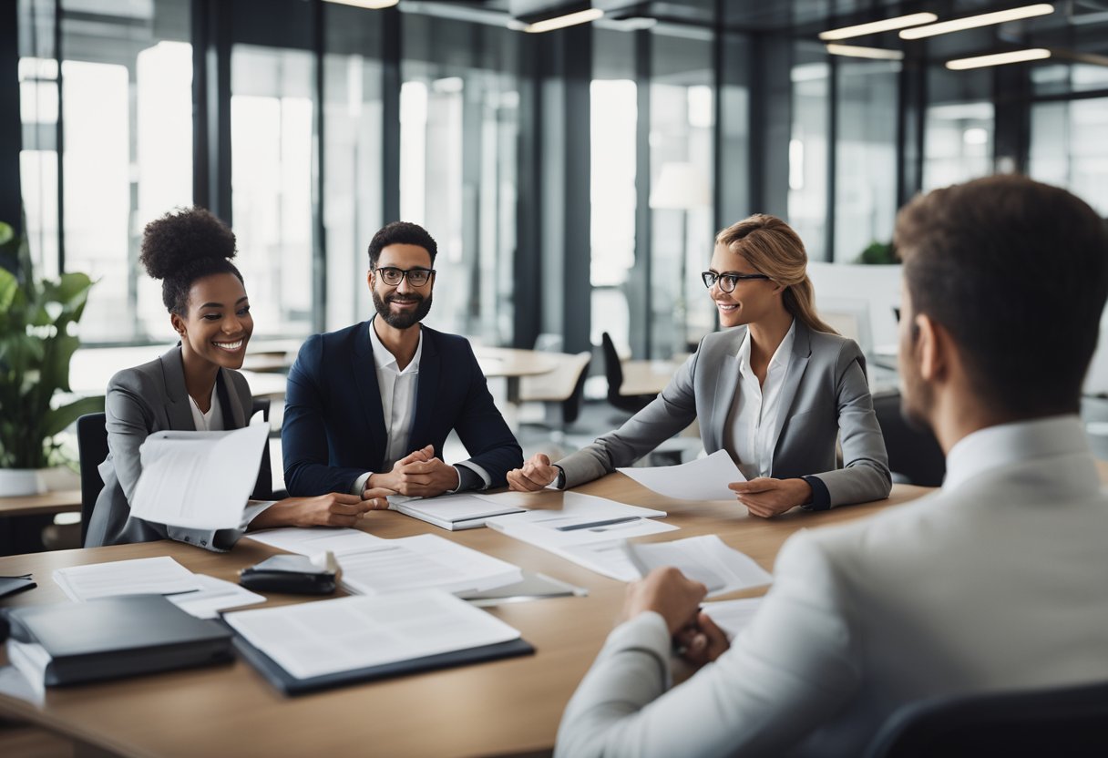 A group of professional-looking lawyers in a well-furnished office discussing legal matters and reviewing documents