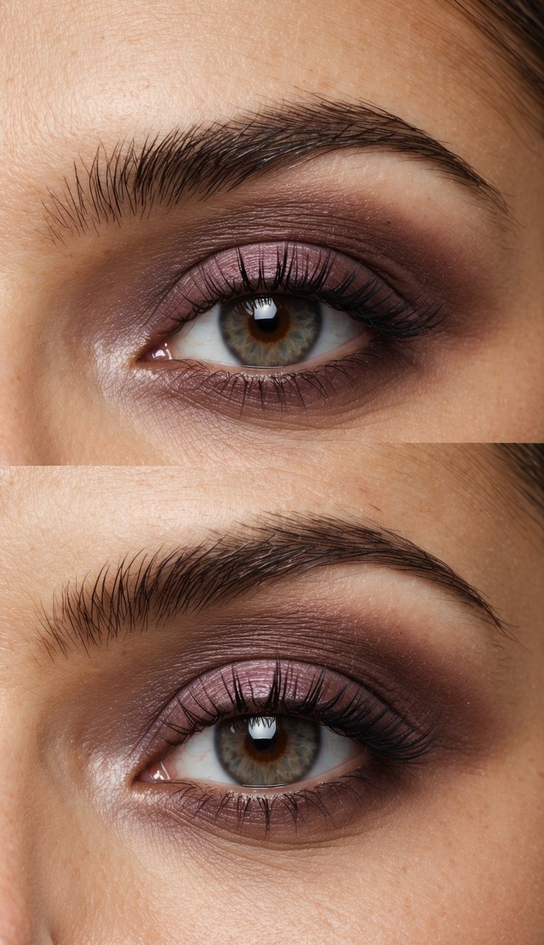 A close-up of a muted plum eyeshadow palette with soft browns and neutral tones