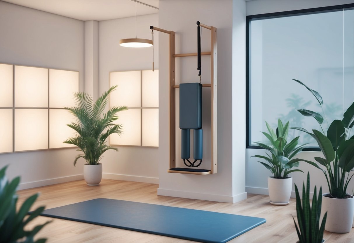 A serene studio with a Pilates wall unit, surrounded by soft lighting and plants, creating a peaceful atmosphere for wall Pilates practice