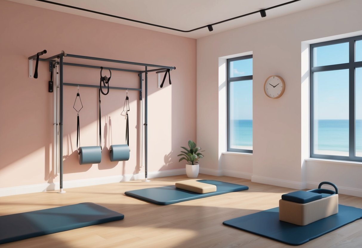 A serene studio with a wall-mounted Pilates apparatus, soft lighting, and a peaceful atmosphere