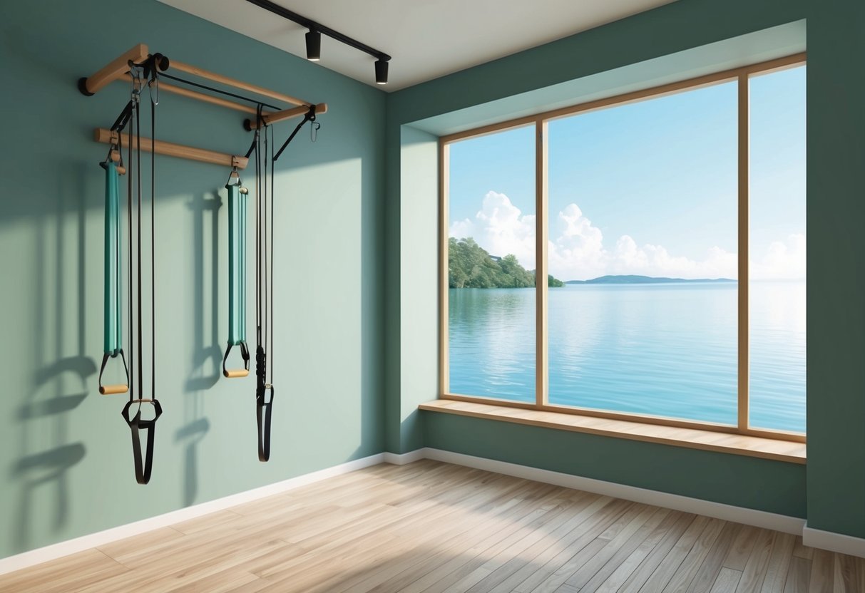 A serene studio with a wall-mounted Pilates apparatus, featuring resistance bands and handles for various exercises