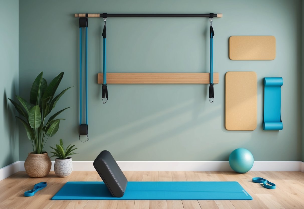 A serene room with a sturdy wall, a Pilates mat, and resistance bands arranged for a wall Pilates workout
