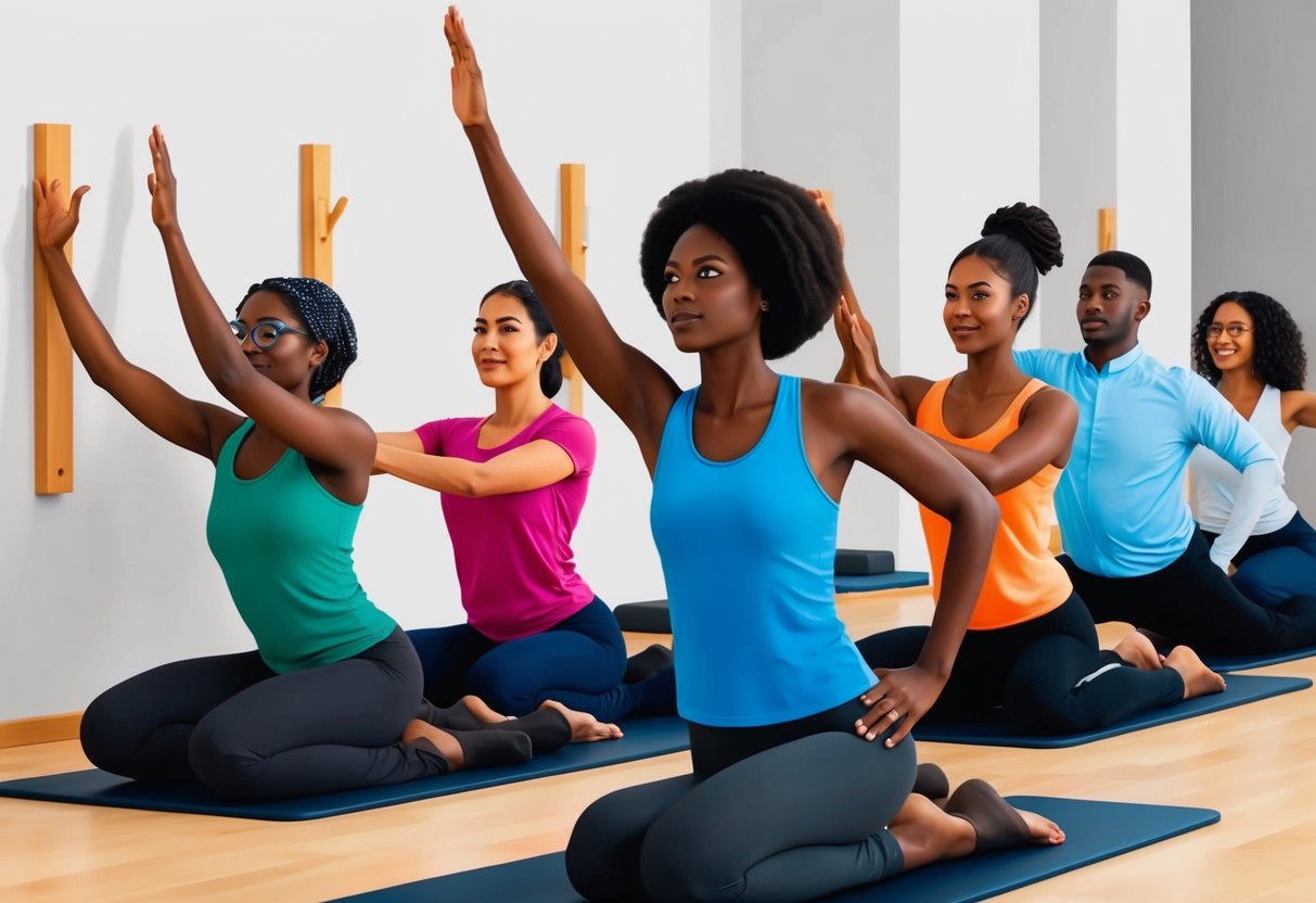 A group of diverse individuals engage in wall Pilates, with focused expressions and graceful movements. The scene exudes a sense of community, health, and cultural impact