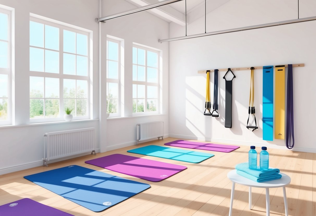 A bright, airy studio with large windows, yoga mats, and resistance bands hanging on the wall. A small table holds water bottles and towels