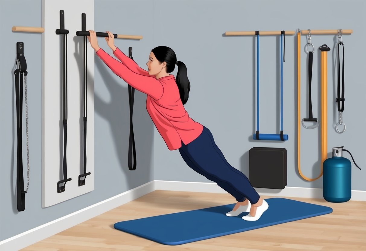 A person demonstrating wall pilates exercises with safety and injury prevention equipment nearby