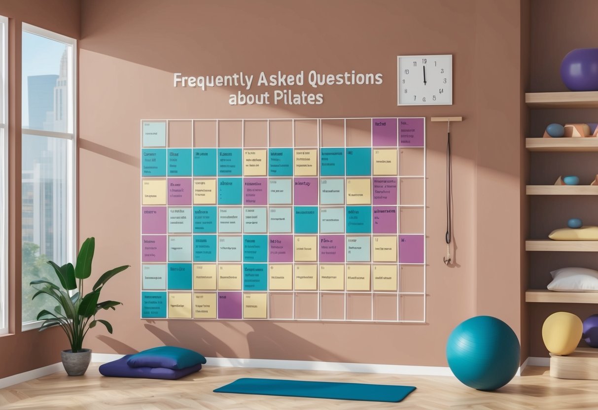 A wall with a grid of frequently asked questions about pilates